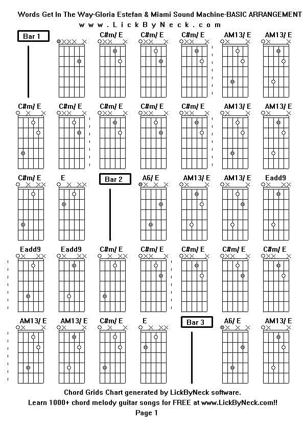 Chord Grids Chart of chord melody fingerstyle guitar song-Words Get In The Way-Gloria Estefan & Miami Sound Machine-BASIC ARRANGEMENT,generated by LickByNeck software.